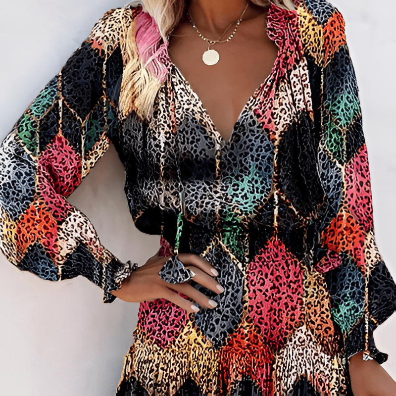 Abito Mini Stampato a Maniche Lunghe per Donna